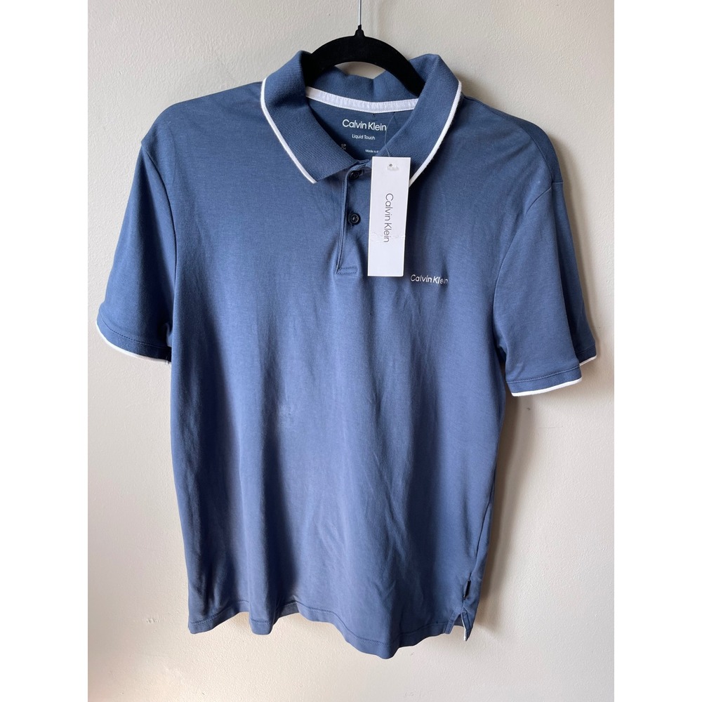 Calvin Klein Liquid Touch Polo Shirt Mens Small Blue White Tipped Short Sleeve